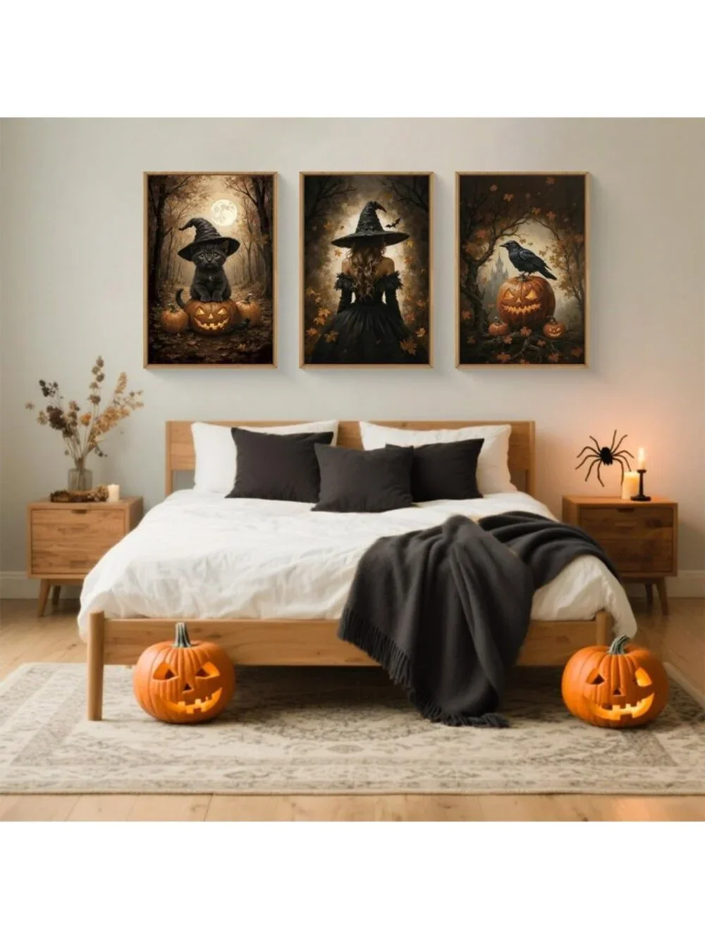 Spooky Halloween Wall Art Set - Framed Canvas with Witch, Black Cat & Raven